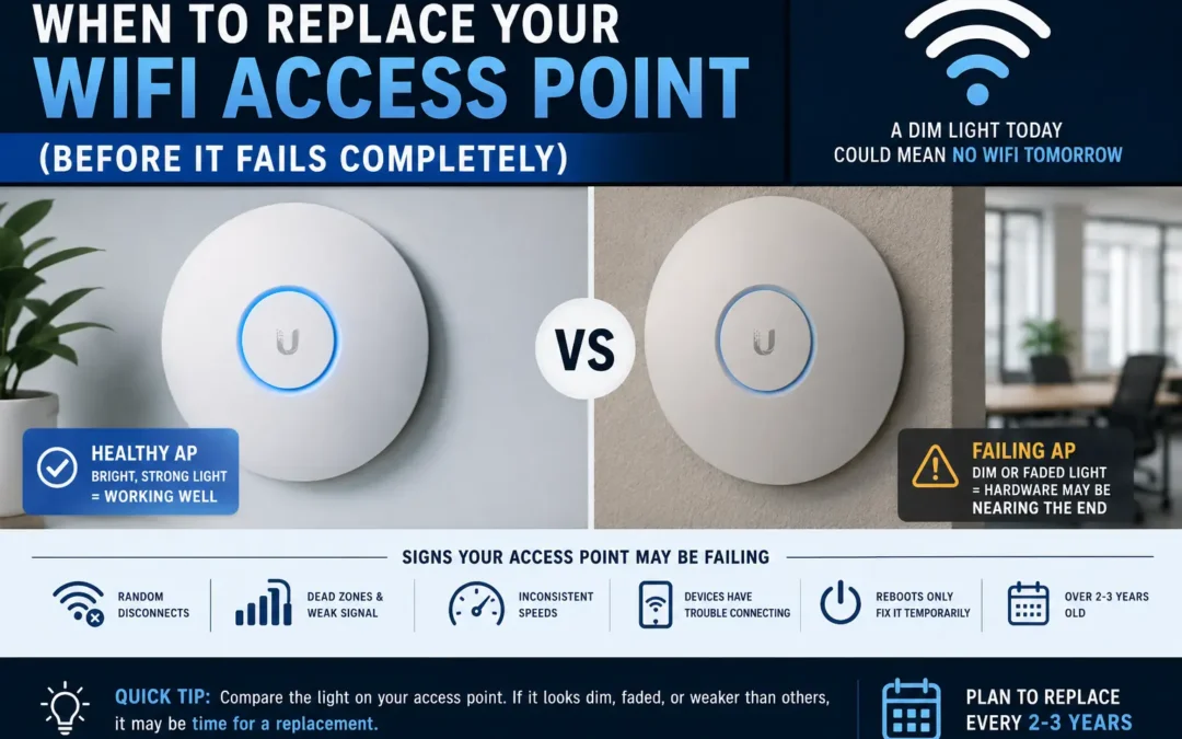 Infographic comparing a healthy Wi‑Fi access point (bright blue ring) versus a failing one (dim ring) with a VS divider in the center, plus failure indicators and tips below.