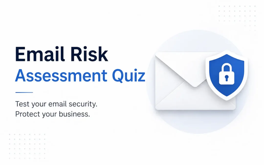 Banner announcing an Email Risk Assessment Quiz with an envelope and blue shield lock icon on the right side.