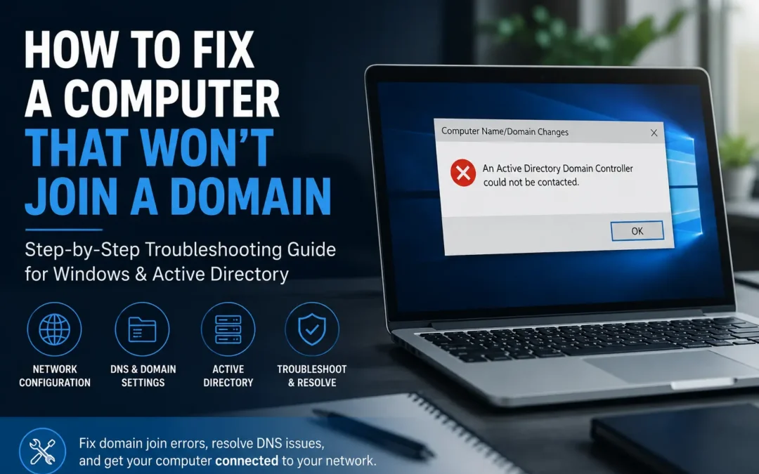 Infographic cover: steps to fix a Windows computer that won't join a domain, with a laptop showing an error message and icons for network config, DNS, AD, and troubleshootingui.