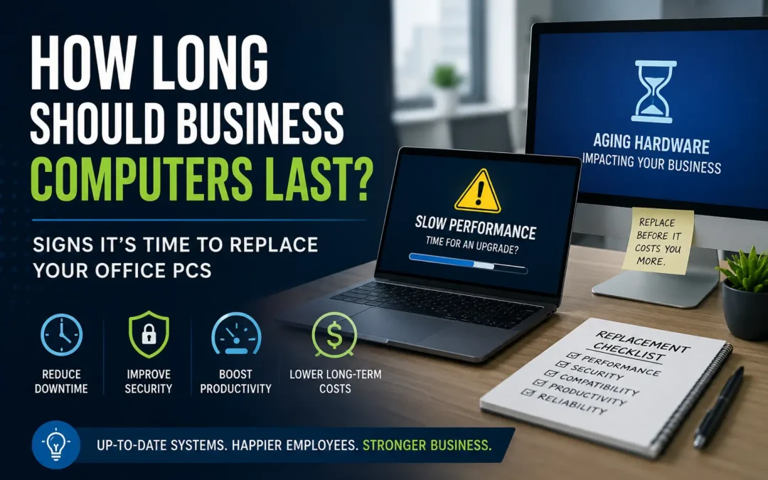 Infographic hero asking how long business computers last, with a laptop, monitor, and notes about aging hardware in a modern office.