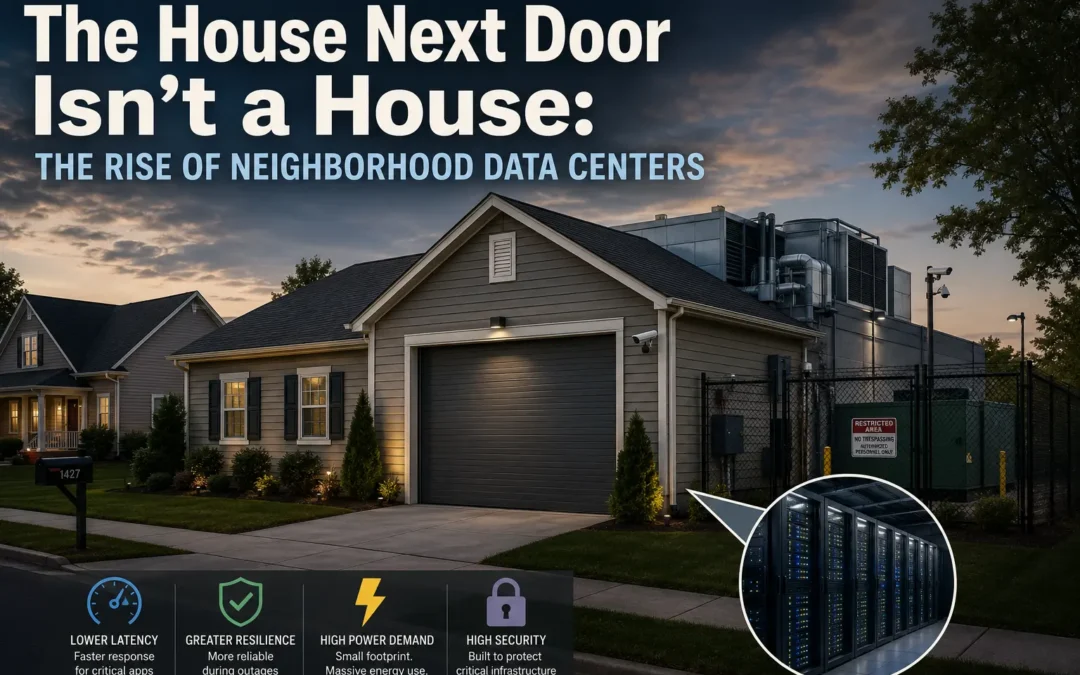 Suburban house with a behind-the-garage data-center facility, illustrating the article about neighborhood data centers.