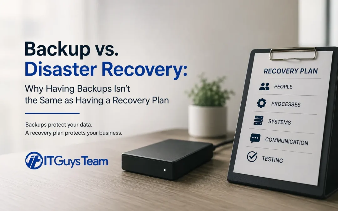Poster on a desk contrasting backup and disaster recovery, with a recovery plan clipboard and ITGuys Team logo.