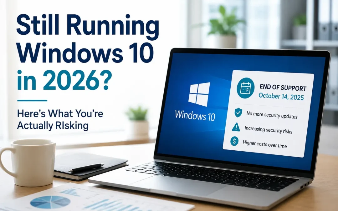 Promotional image asking if you're still running Windows 10 in 2026 and what you're risking by continuing use.