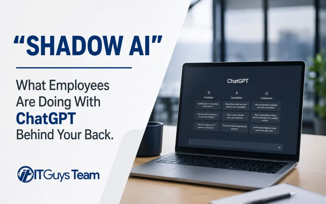 Promotional banner: 'SHADOW AI' headline with text about employees using ChatGPT; laptop on the right shows ChatGPT UI; ITGuys Team logo bottom left.
