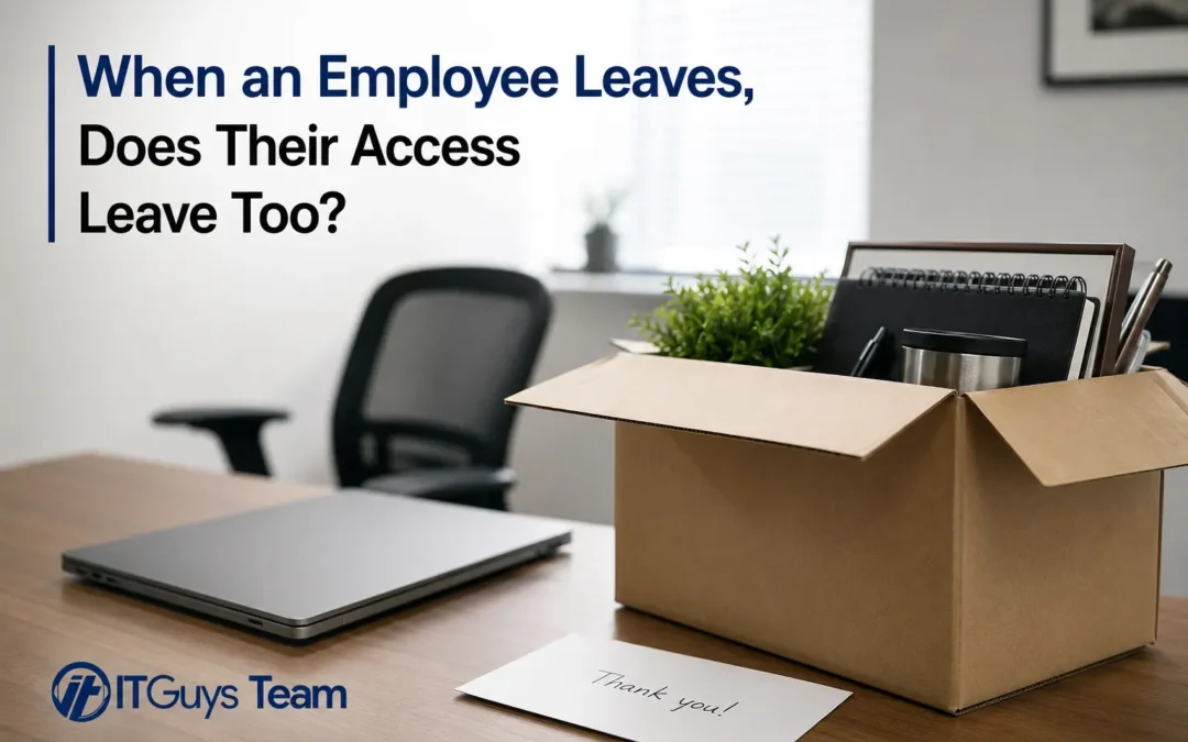 Desk with a cardboard moving box containing office supplies, a closed laptop, and a notebook; a 'Thank you' note lies on the desk, with the headline about employee access after departure.