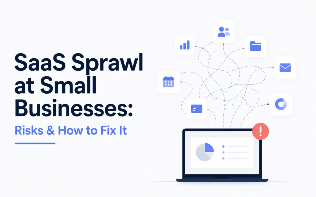 Infographic title: ‘SaaS Sprawl at Small Businesses: Risks & How to Fix It’ with a laptop and scattered icons representing apps and connections.