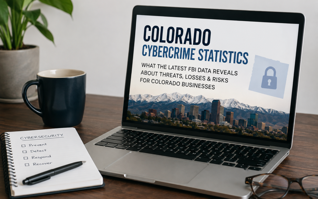 Laptop screen shows 'Colorado Cybercrime Statistics' with a lock icon and mountain cityscape; on the desk are a notebook, pen, mug, plant, and glasses (informative image).