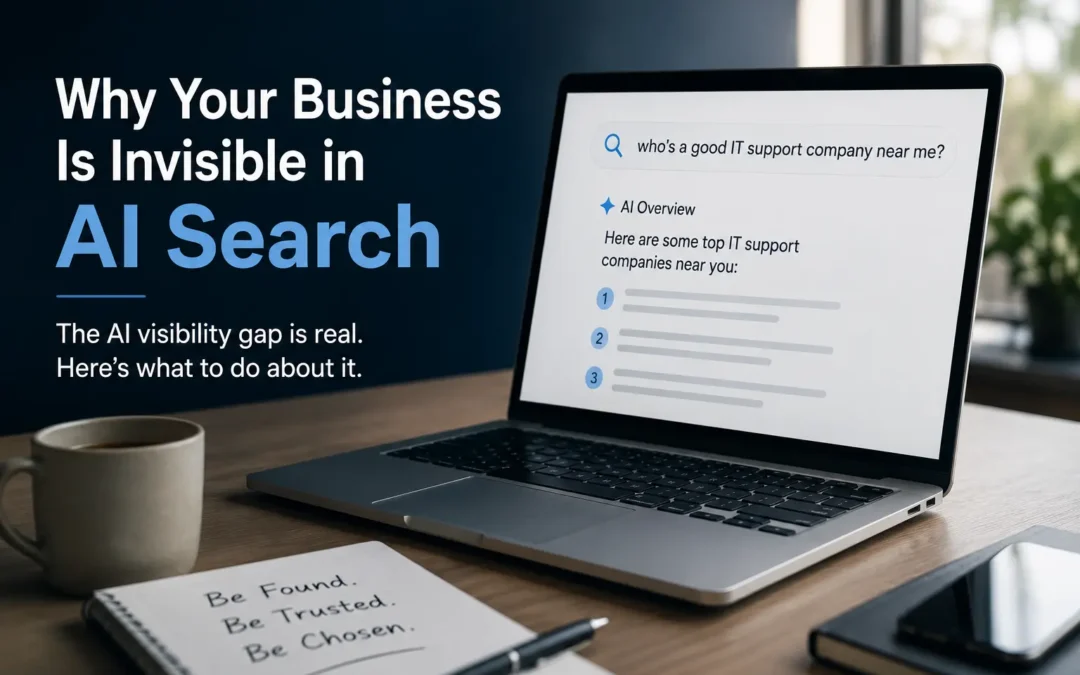 Left-aligned title reads 'Why Your Business Is Invisible in AI Search' with a laptop on a wooden desk displaying an AI search UI.