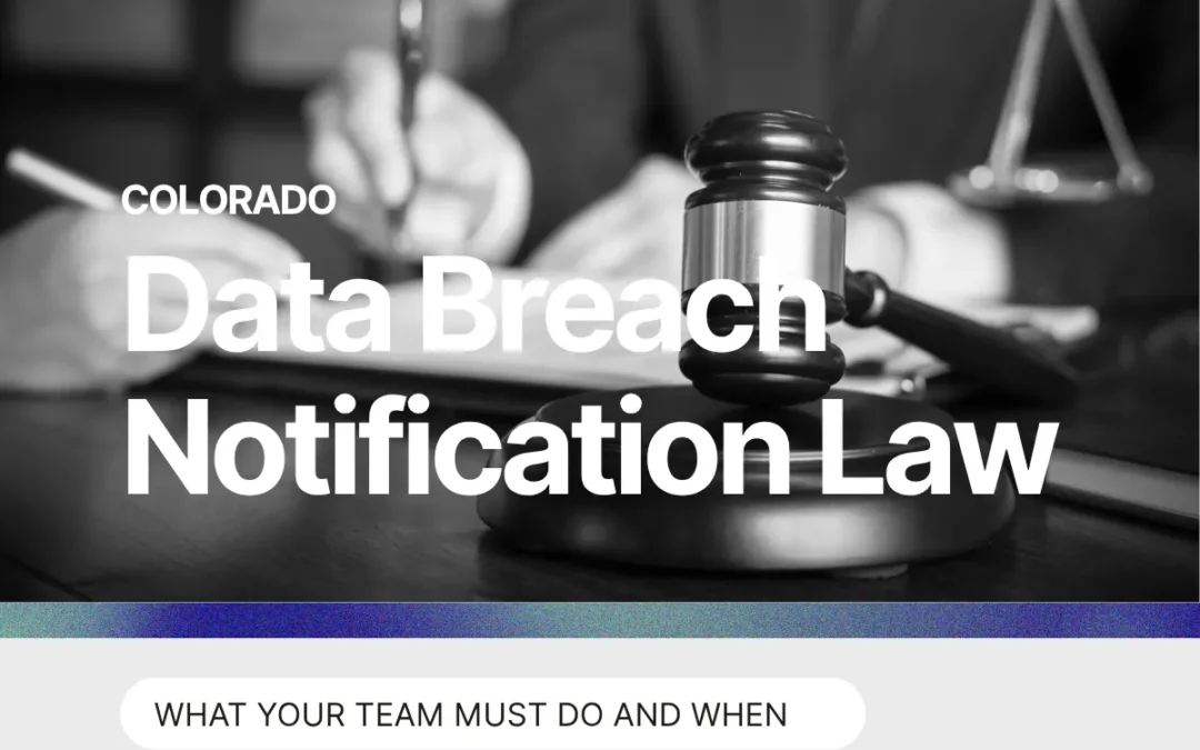 Colorado Data Breach Notification Law banner featuring a gavel and scales of justice with the ITGuys logo in grayscale